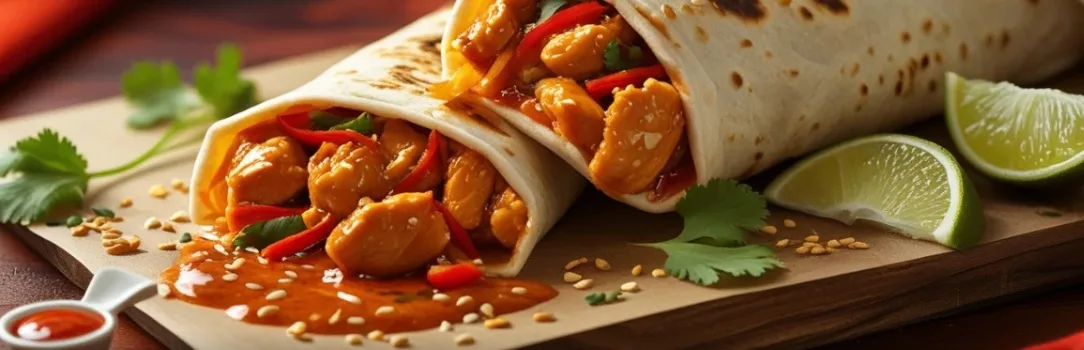 Firecracker chicken wraps with sauce and lime (illustrative image)