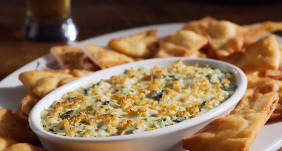 Parmesan crusted spinach dip with pita chips (illustrative image)