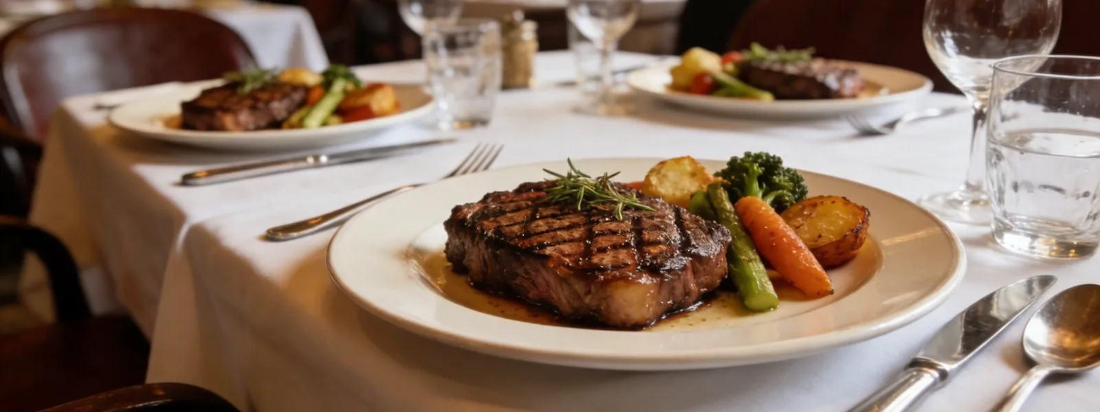 A dining room table set with steak dinners (illustrative image)