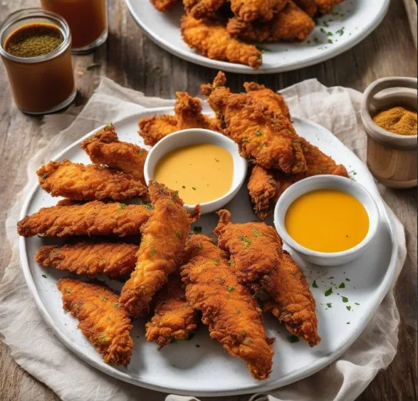 Hand-breaded chicken tenders with dipping sauces (illustrative image)