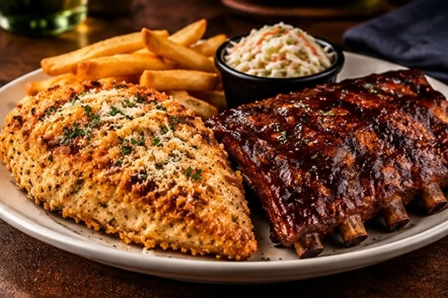 Half-rack of baby back ribs with Parmesan Crusted Chicken (illustrative image)