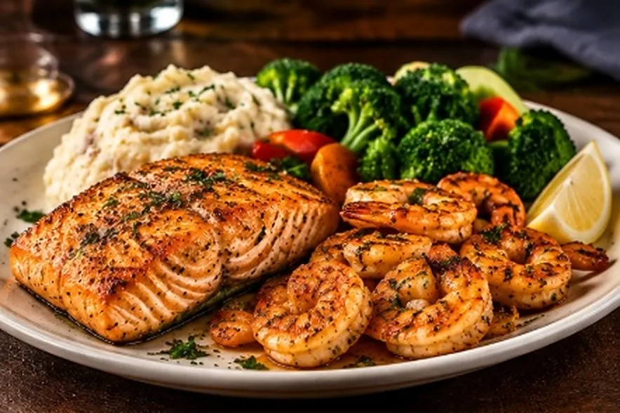 Grilled salmon with Redrock shrimp, mashed potatoes and broccoli (illustrative image)