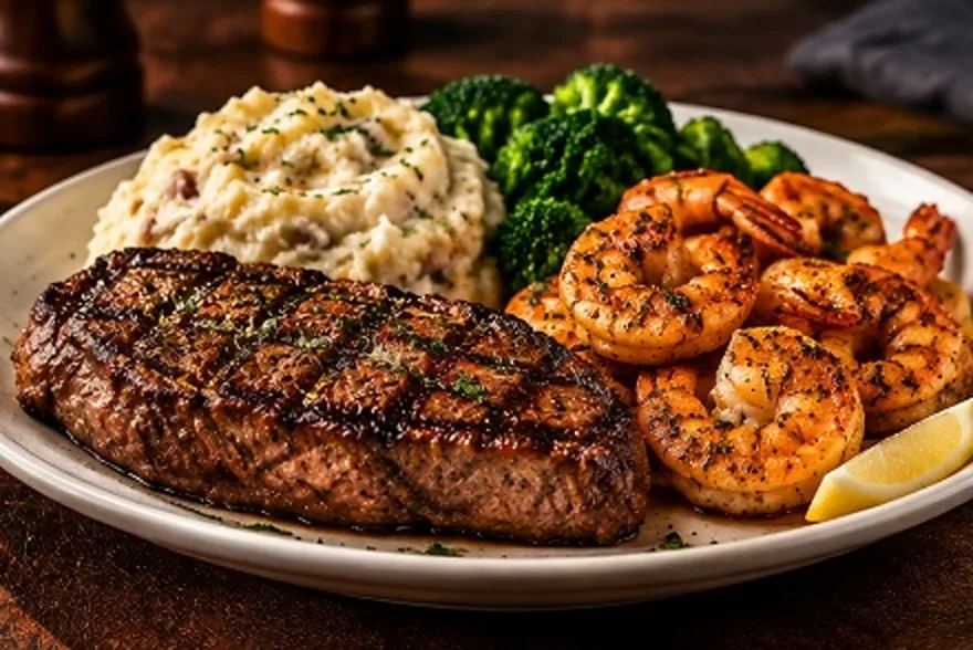 Sliced grilled sirloin steak with grilled shrimp on the side (illustrative image)