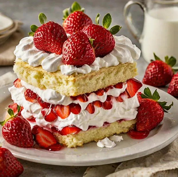 Strawberries and Cream Shortcake: layered sponge cake with whipped cream and fresh strawberries (illustrative image)