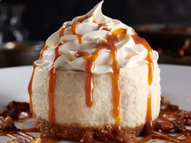 The Cheesecake: creamy cheesecake with whipped cream, caramel sauce and pecans (illustrative image)