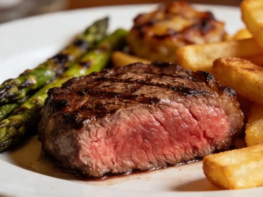 A grilled filet steak with asparagus and fries (illustrative image)