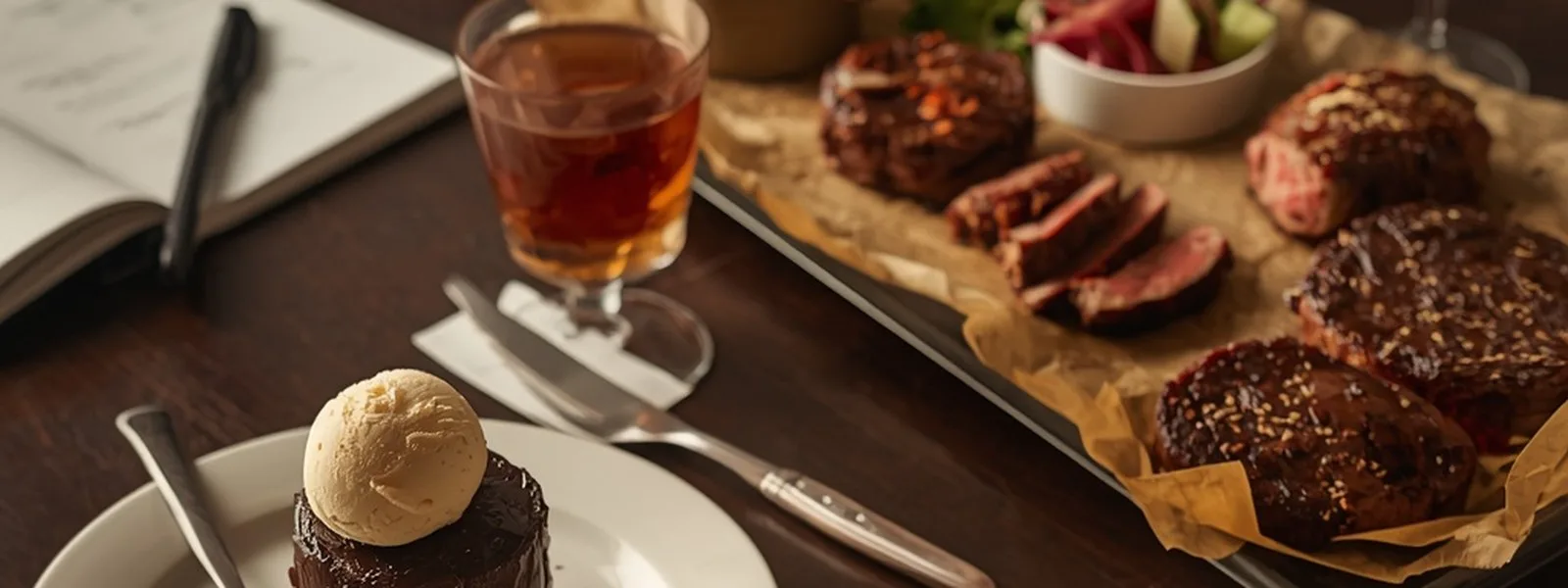 A steak platter, dessert and a notebook on a table (illustrative image)