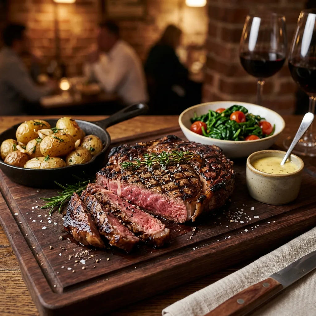 Sliced grilled ribeye steak on a wooden board (illustrative image)