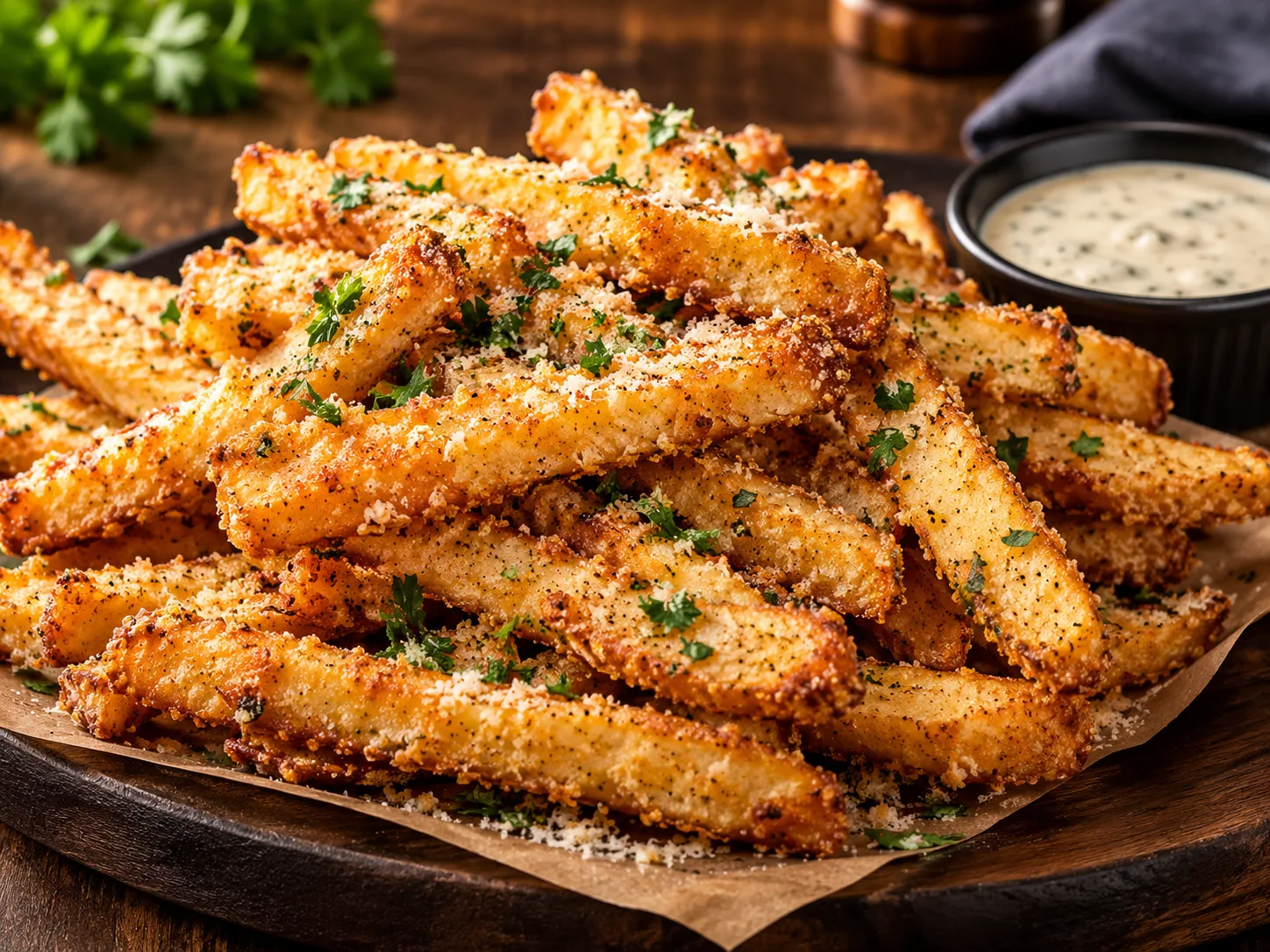 Parmesan crusted fries with dipping sauce (illustrative image)