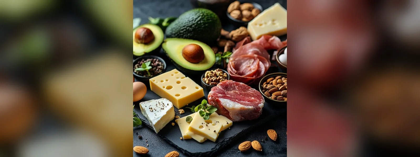 Keto-friendly ingredients including avocado, cheese, nuts, eggs and cured meat (illustrative image)