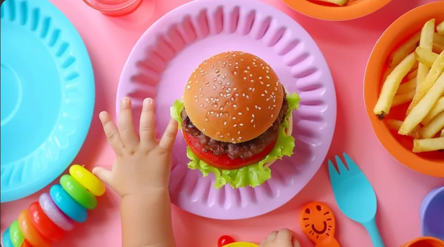 Kid’s burger with lettuce and tomato on a sesame bun (illustrative image)