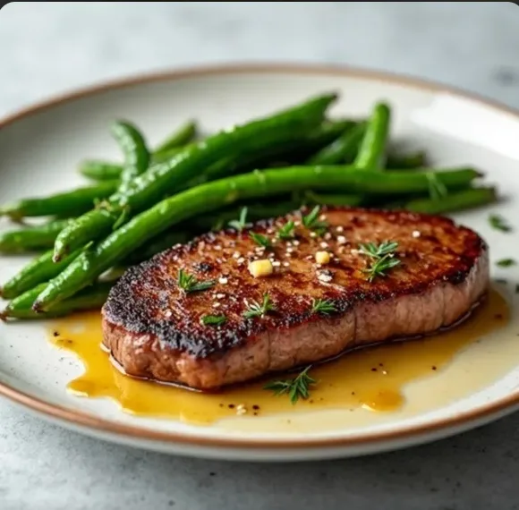 Grilled sirloin steak served with green beans (illustrative image)