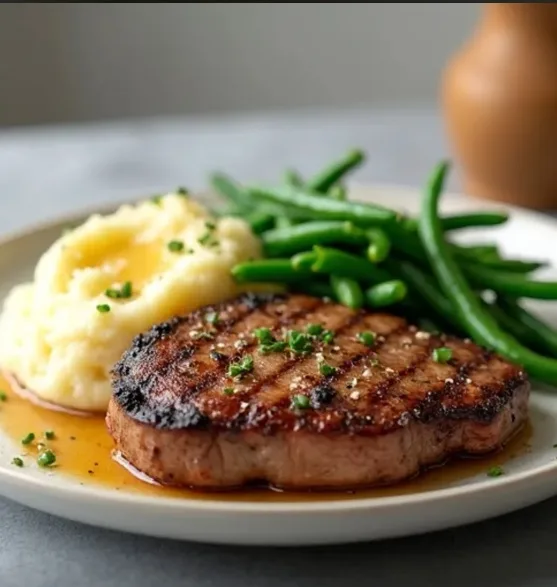 Grilled sirloin with mashed potatoes and green beans (illustrative image)