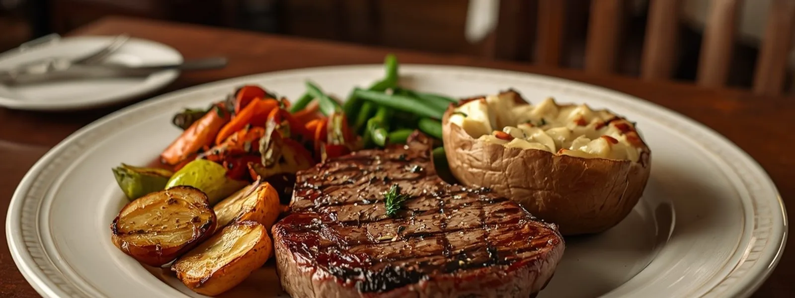 A steak plate with vegetables and a baked potato (illustrative image)