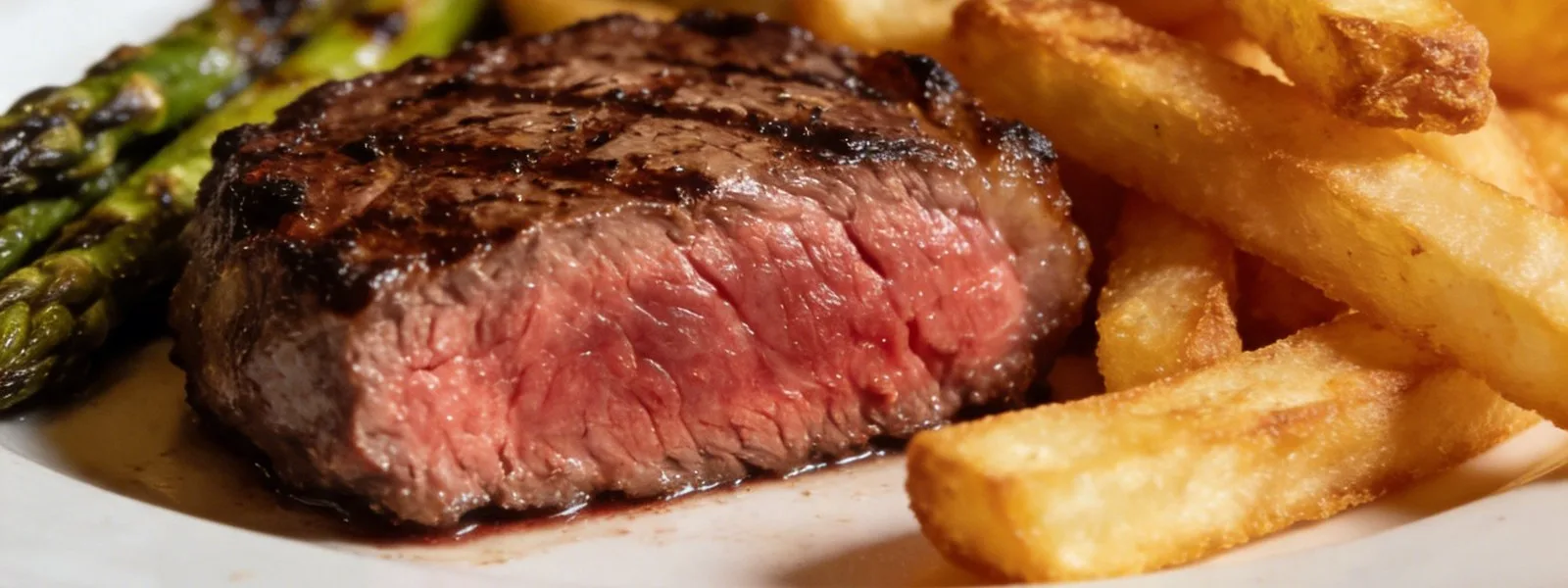 A steak dinner with asparagus and fries (illustrative image)