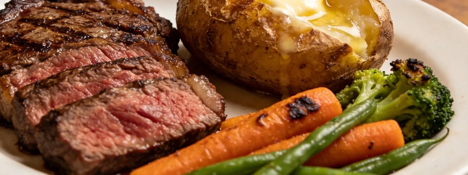 A steak with vegetables and a baked potato (illustrative image)