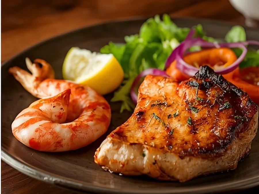 Grilled chicken and shrimp plate (illustrative image)
