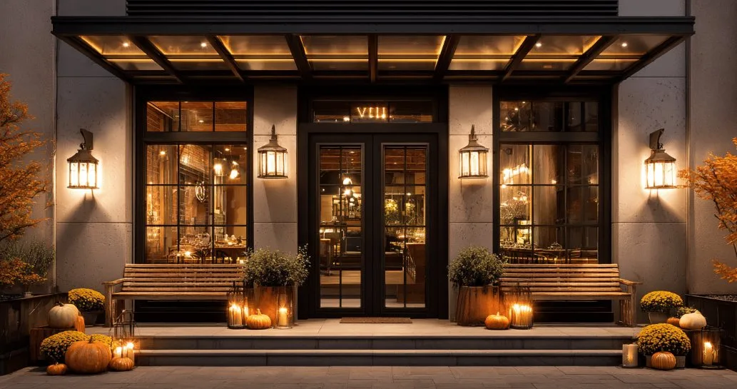 Warmly lit restaurant entrance at night with lanterns, wooden benches and autumn pumpkins (illustrative image)