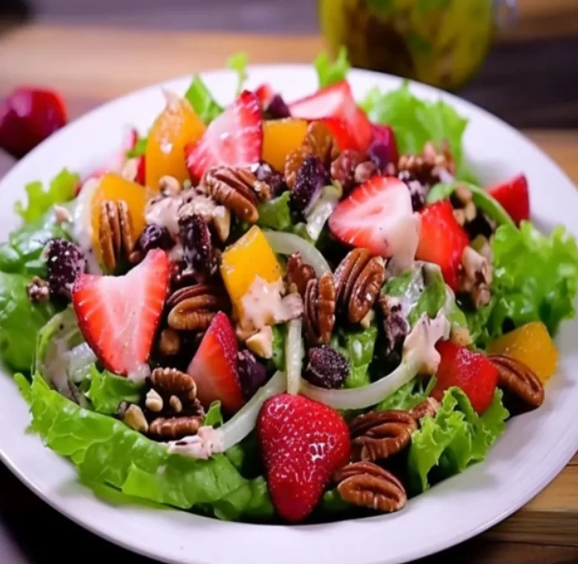 Strawberry and pecan salad on a white plate (illustrative image)