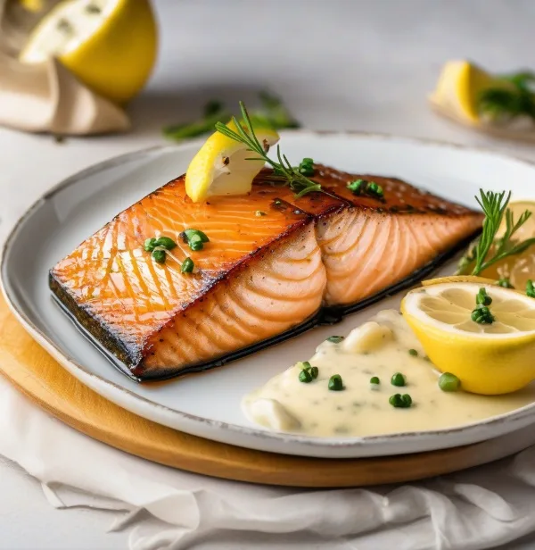 Grilled salmon fillet with lemon and sauce (illustrative image)