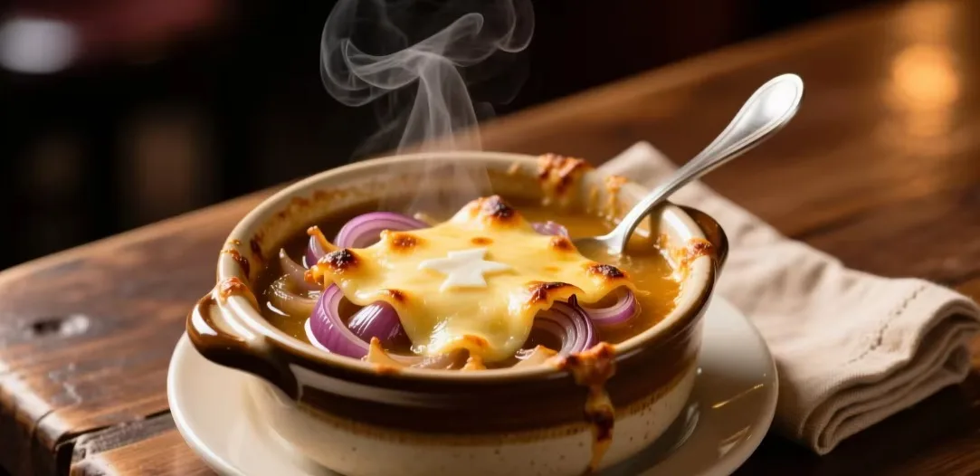 French onion soup with melted cheese in a crock (illustrative image)