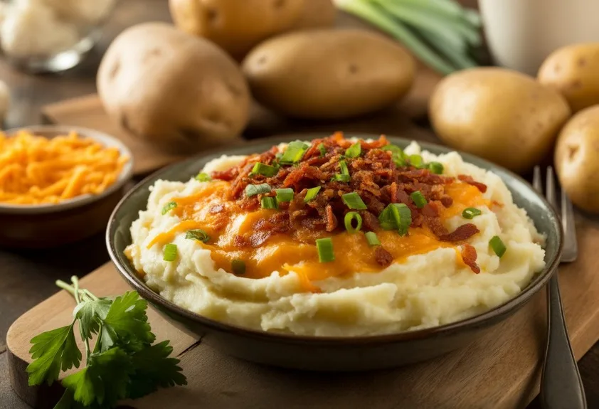 Mashed potatoes topped with cheddar, bacon and green onion (illustrative image)