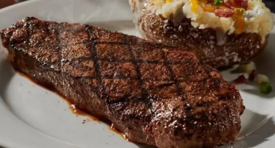Grilled strip steak with a loaded baked potato (illustrative image)